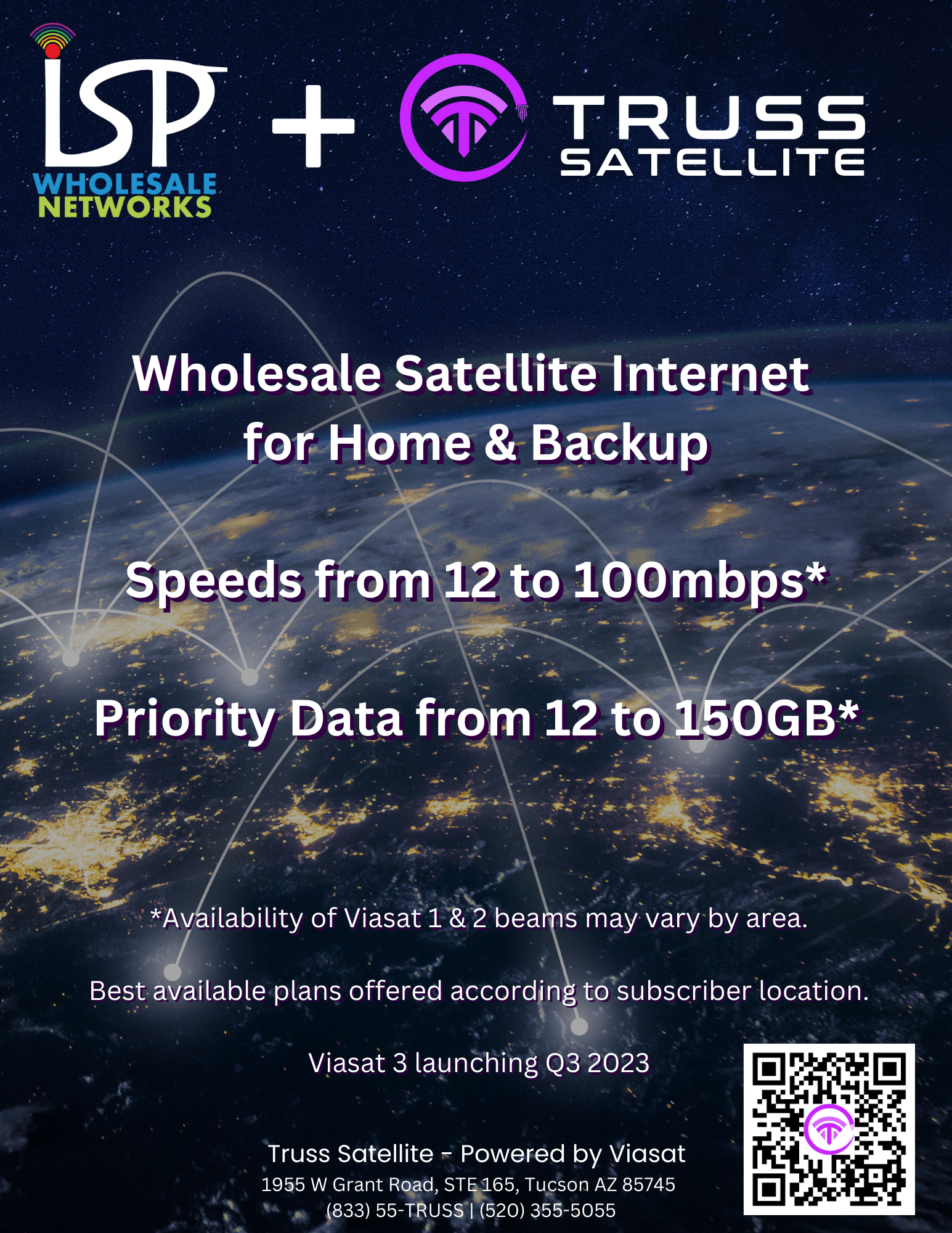 ISPWN & White Label Satellite, powered by Viasat Wholesale Satellite Internet for Home & Backup Speeds from 12 to 100Mbit/s with unlimited Data (Priority Data packages rangins from 12 to 150GB) Availability of plans at any given location may vary according to satellite beam concentration - only the best available plans may be ordered at any given service location. New plans on Viasat 3 launching Q3 2023!